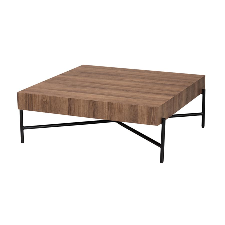 Savion Modern Industrial Walnut Brown Finished Wood and Black Metal Coffee Table. Picture 1