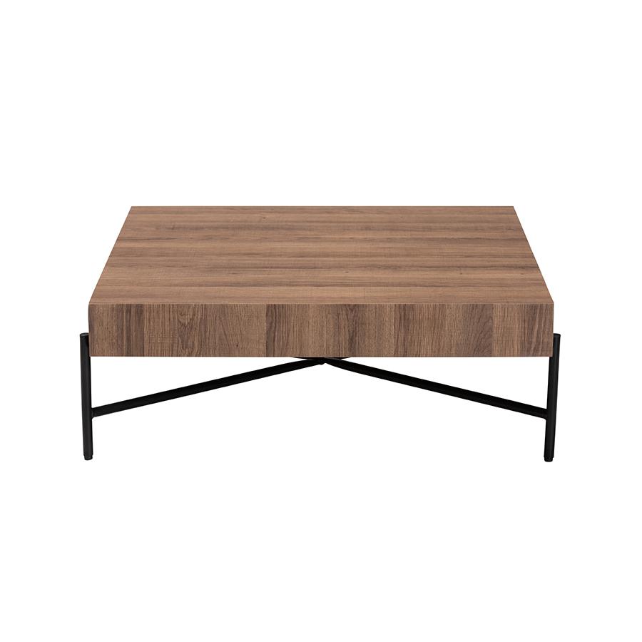 Savion Modern Industrial Walnut Brown Finished Wood and Black Metal Coffee Table. Picture 2