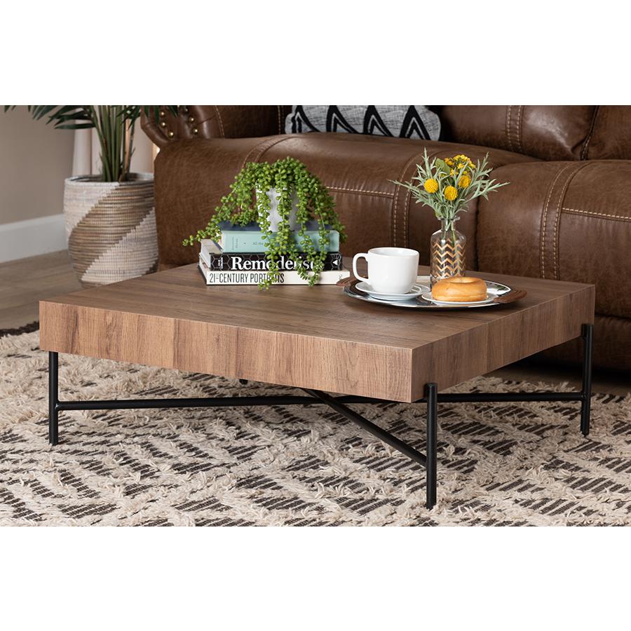 Savion Modern Industrial Walnut Brown Finished Wood and Black Metal Coffee Table. Picture 5
