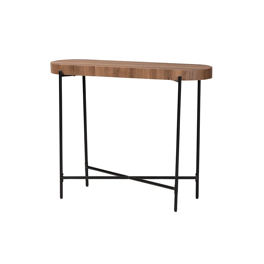 Industrial Walnut Brown Finished Wood and Black Metal Console Table. Picture 1