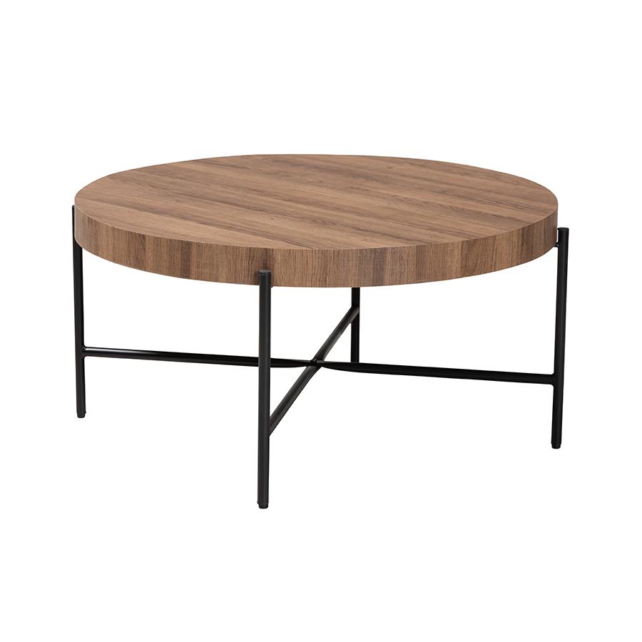 Umar Modern Industrial Walnut Brown Finished Wood and Black Metal Coffee Table. Picture 1