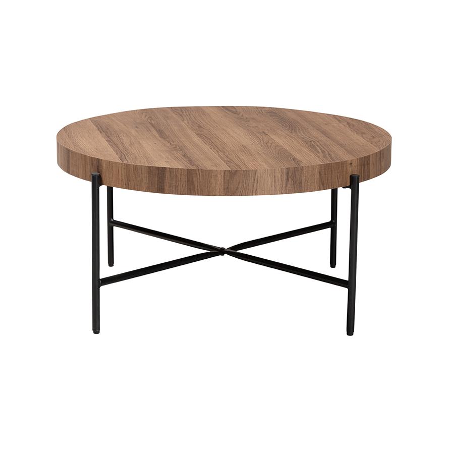 Umar Modern Industrial Walnut Brown Finished Wood and Black Metal Coffee Table. Picture 2
