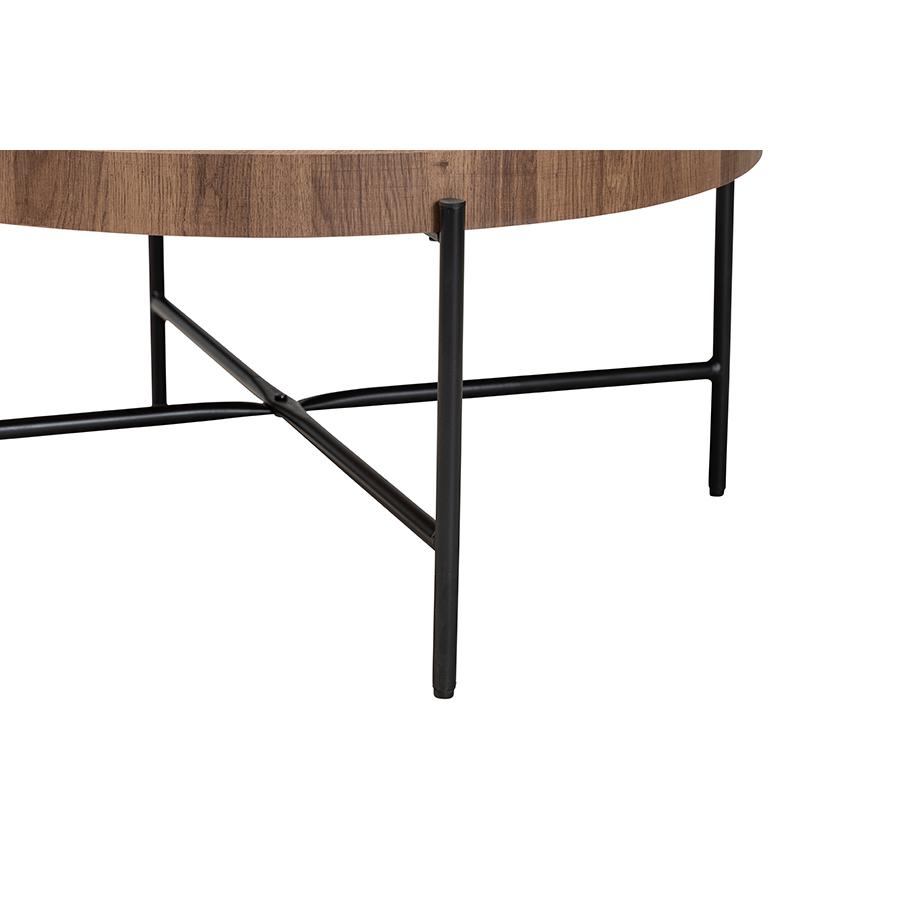 Umar Modern Industrial Walnut Brown Finished Wood and Black Metal Coffee Table. Picture 3
