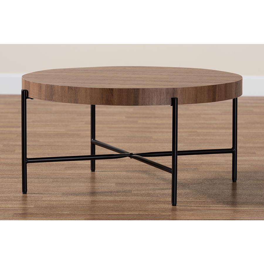Umar Modern Industrial Walnut Brown Finished Wood and Black Metal Coffee Table. Picture 7