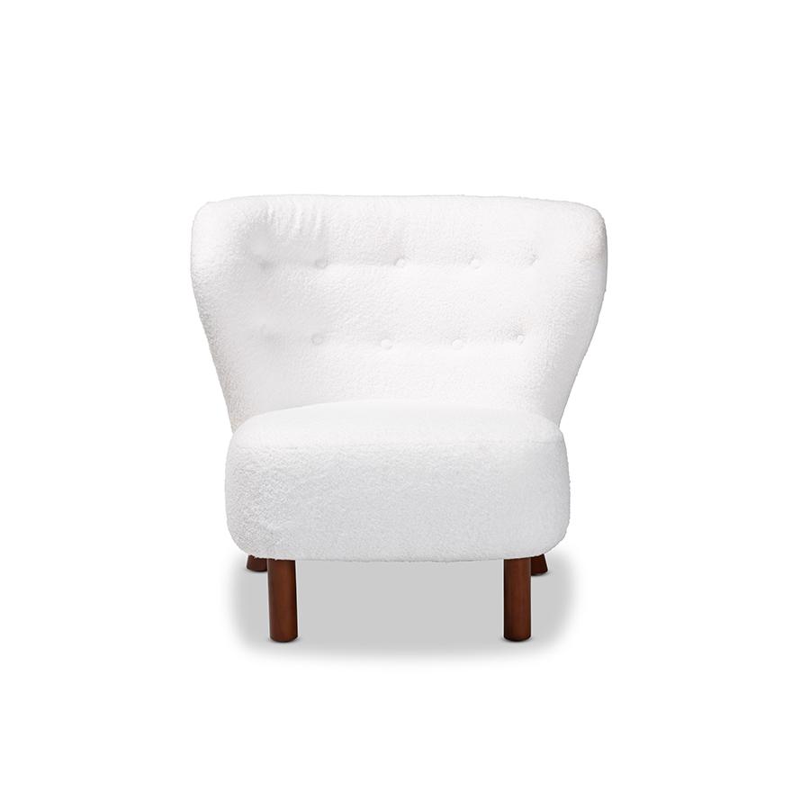 White Boucle Upholstered and Walnut Brown Finished Wood Accent Chair. Picture 2