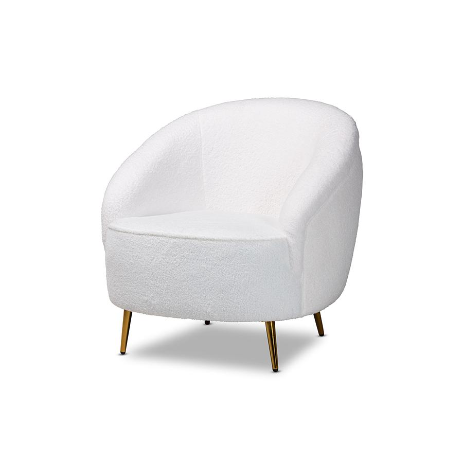 White Boucle Upholstered and Gold Finished Metal Accent Chair. Picture 1