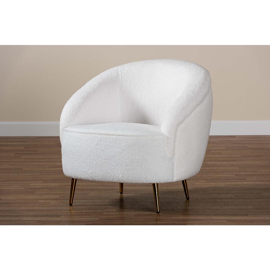 White Boucle Upholstered and Gold Finished Metal Accent Chair. Picture 8