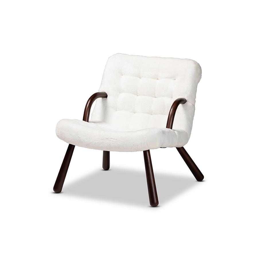 White Sherpa Upholstered and Walnut Brown Finished Wood Accent Chair. Picture 1