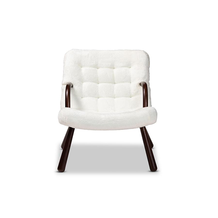 White Sherpa Upholstered and Walnut Brown Finished Wood Accent Chair. Picture 2