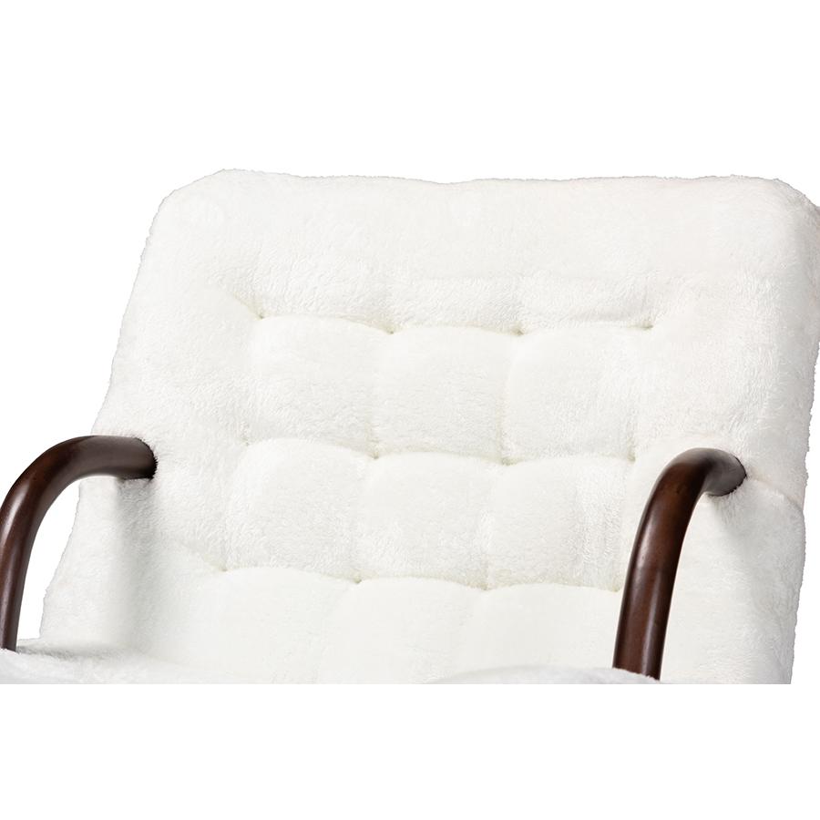 White Sherpa Upholstered and Walnut Brown Finished Wood Accent Chair. Picture 5