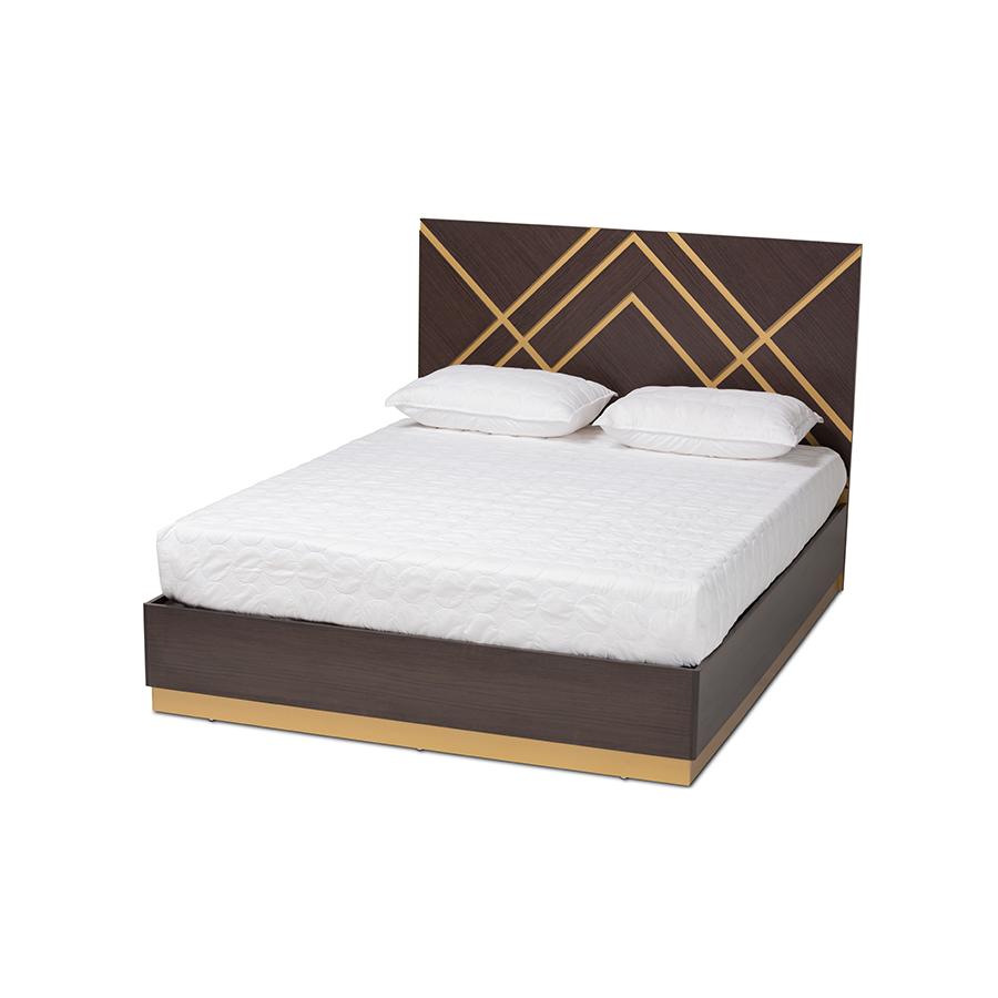Glam and Luxe Two-Tone Dark Brown and Gold Finished Wood Queen Size Platform Bed. Picture 1