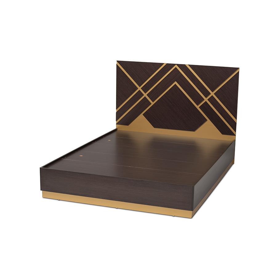 Glam and Luxe Two-Tone Dark Brown and Gold Finished Wood Queen Size Platform Bed. Picture 2