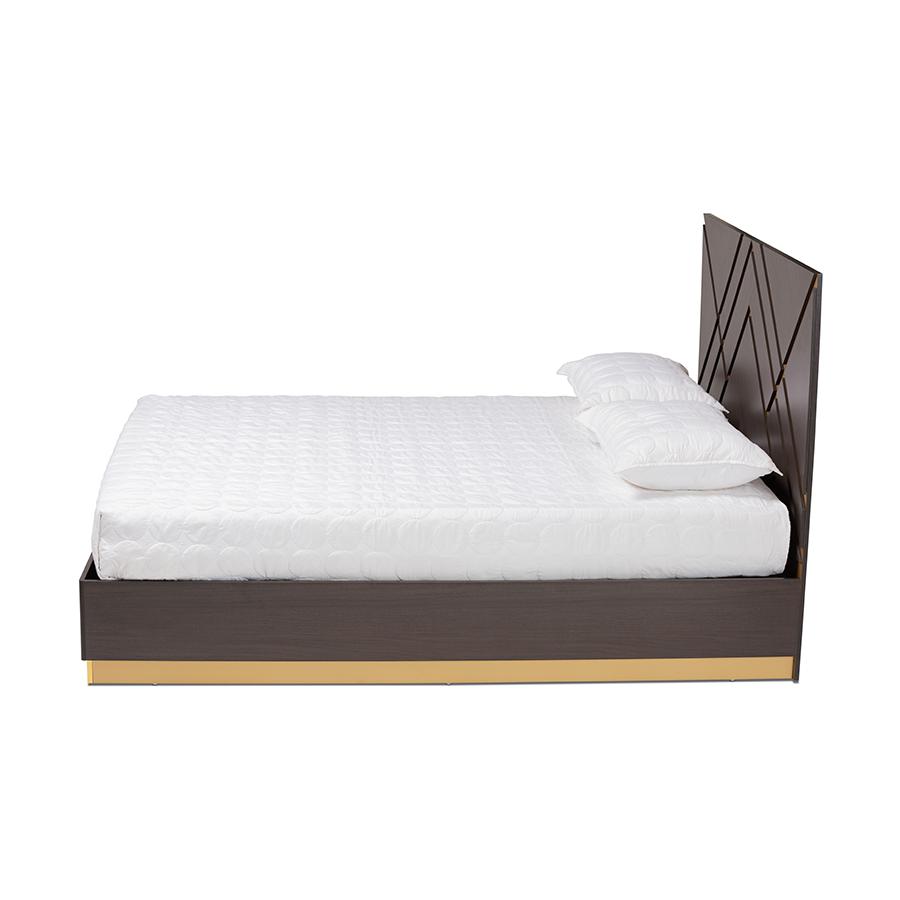 Glam and Luxe Two-Tone Dark Brown and Gold Finished Wood Queen Size Platform Bed. Picture 3