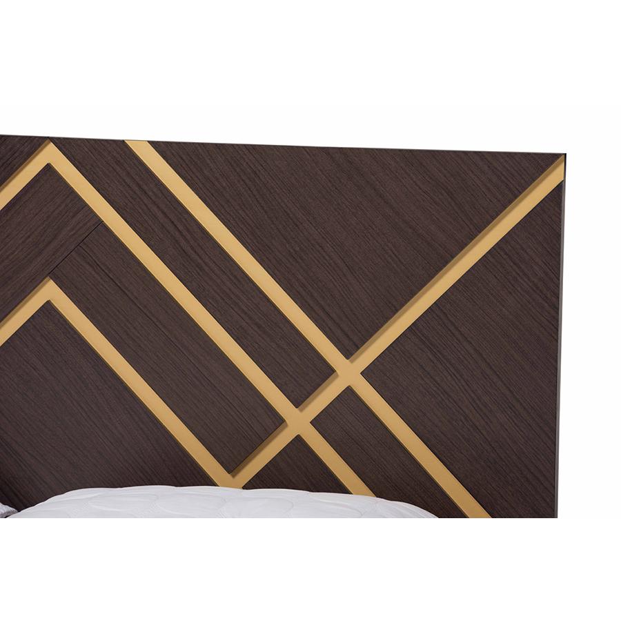 Glam and Luxe Two-Tone Dark Brown and Gold Finished Wood Queen Size Platform Bed. Picture 4