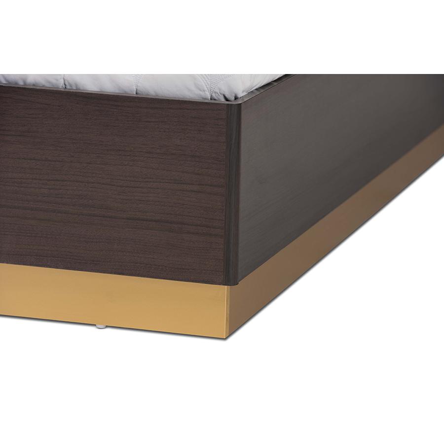 Glam and Luxe Two-Tone Dark Brown and Gold Finished Wood Queen Size Platform Bed. Picture 5