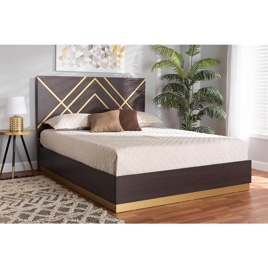 Glam and Luxe Two-Tone Dark Brown and Gold Finished Wood Queen Size Platform Bed. Picture 7