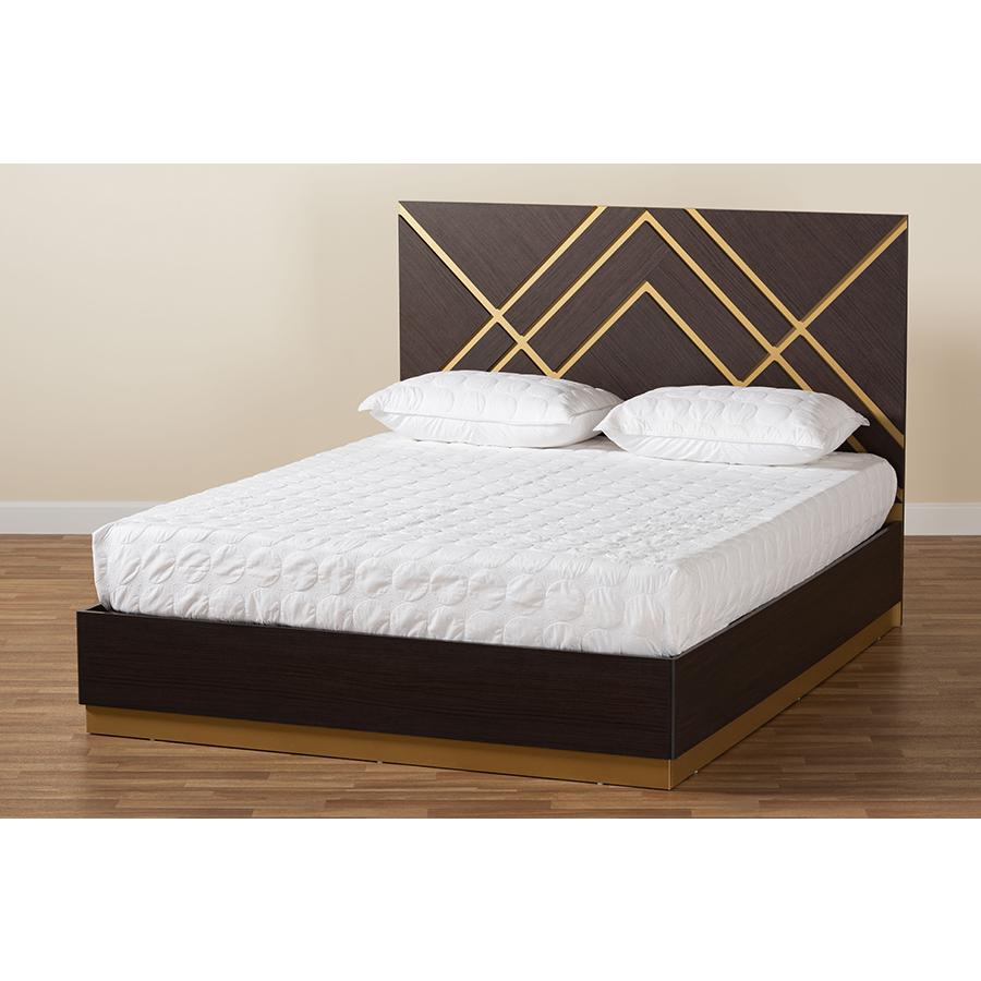 Glam and Luxe Two-Tone Dark Brown and Gold Finished Wood Queen Size Platform Bed. Picture 8