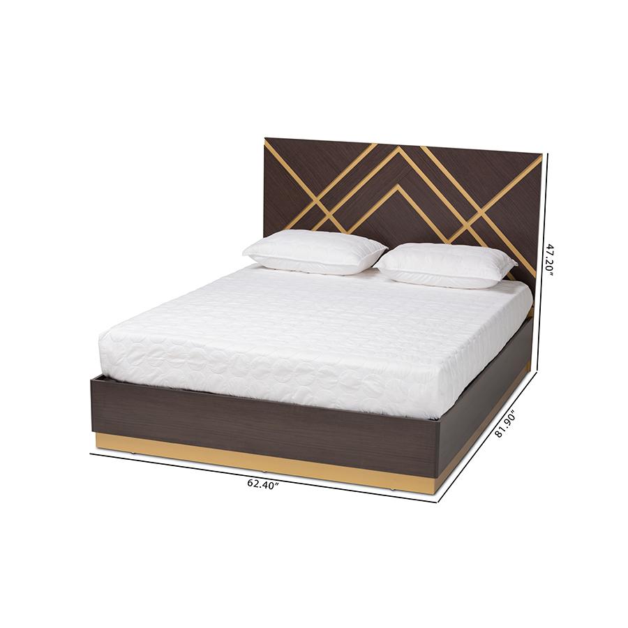 Glam and Luxe Two-Tone Dark Brown and Gold Finished Wood Queen Size Platform Bed. Picture 9