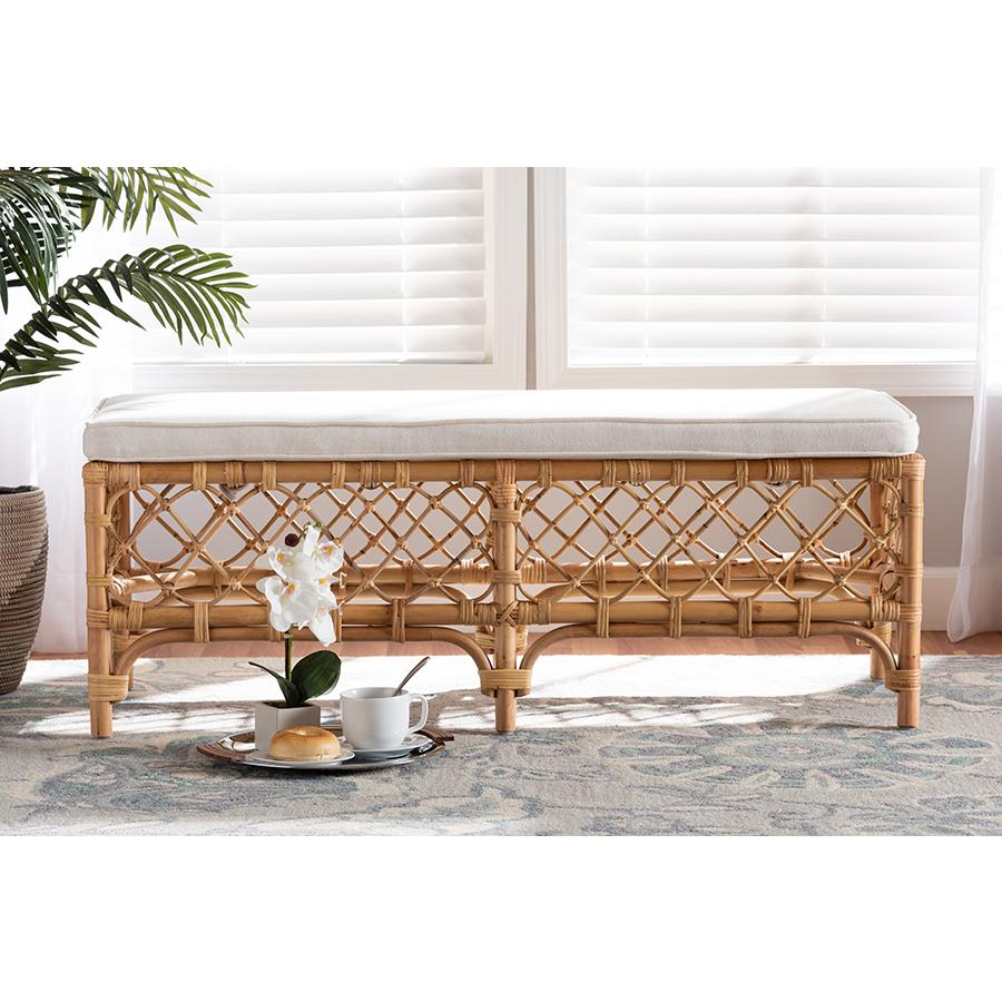 Bohemian White Fabric Upholstered and Natural Brown Rattan Bench. Picture 6