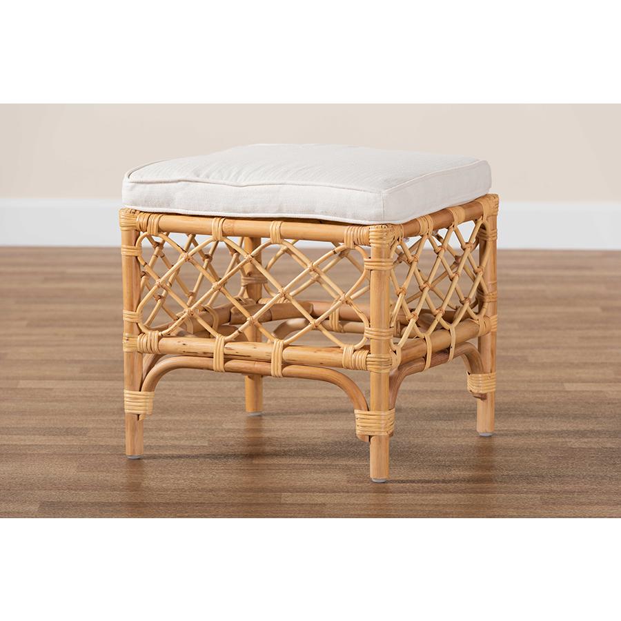 Bohemian White Fabric Upholstered and Natural Brown Rattan Ottoman. Picture 6