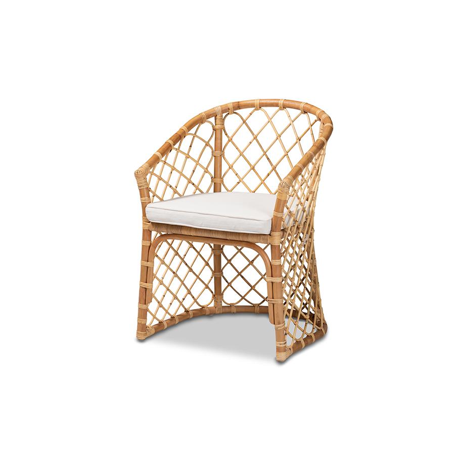 Bohemian White Fabric Upholstered and Natural Brown Rattan Dining Chair. Picture 1