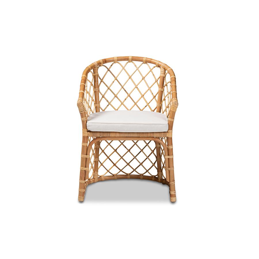 Bohemian White Fabric Upholstered and Natural Brown Rattan Dining Chair. Picture 2