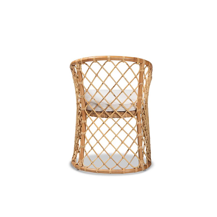 Bohemian White Fabric Upholstered and Natural Brown Rattan Dining Chair. Picture 4