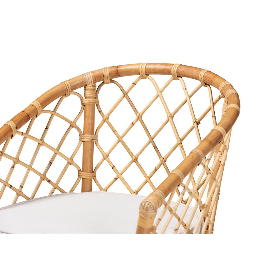 Bohemian White Fabric Upholstered and Natural Brown Rattan Dining Chair. Picture 5