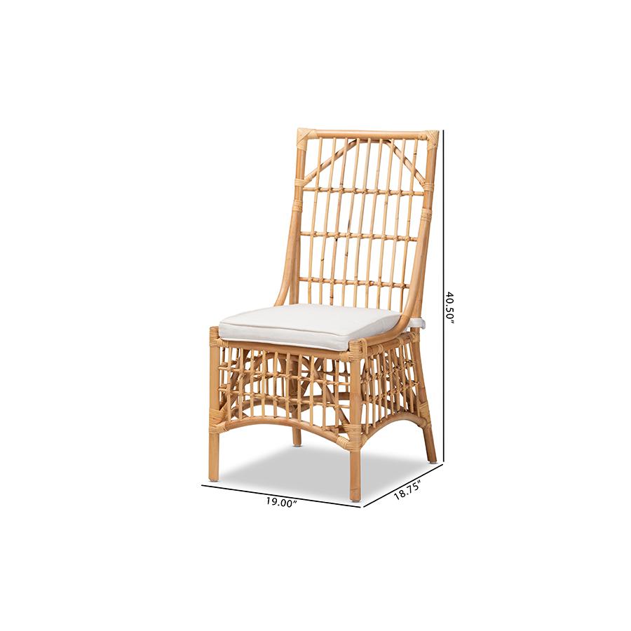 Bohemian White Fabric Upholstered and Natural Brown Rattan Dining Chair. Picture 10