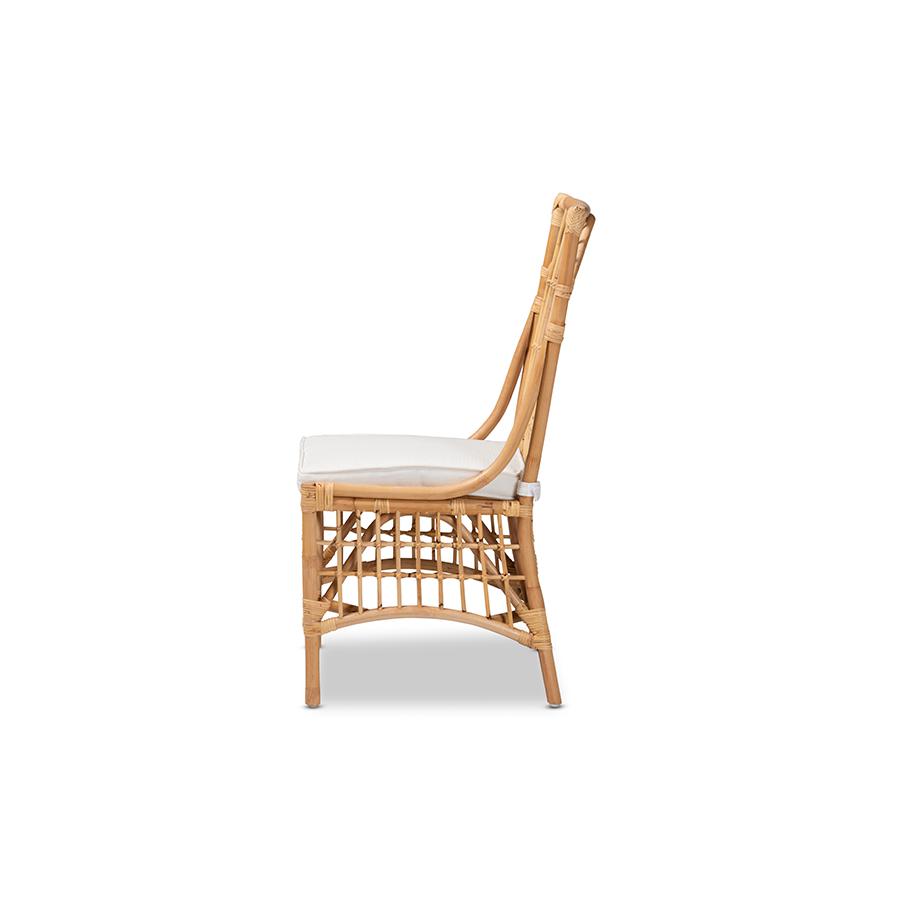 Bohemian White Fabric Upholstered and Natural Brown Rattan Dining Chair. Picture 3