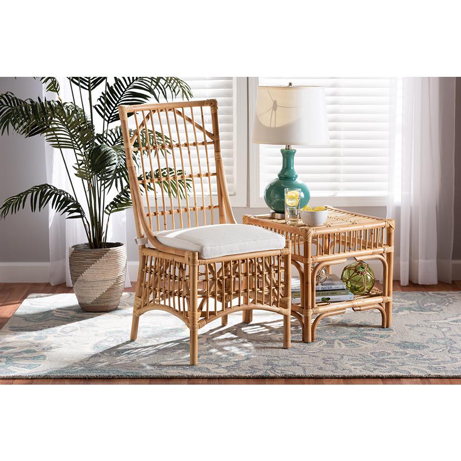 Bohemian White Fabric Upholstered and Natural Brown Rattan Dining Chair. Picture 8