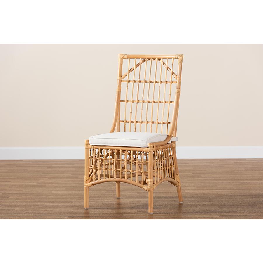 Bohemian White Fabric Upholstered and Natural Brown Rattan Dining Chair. Picture 9