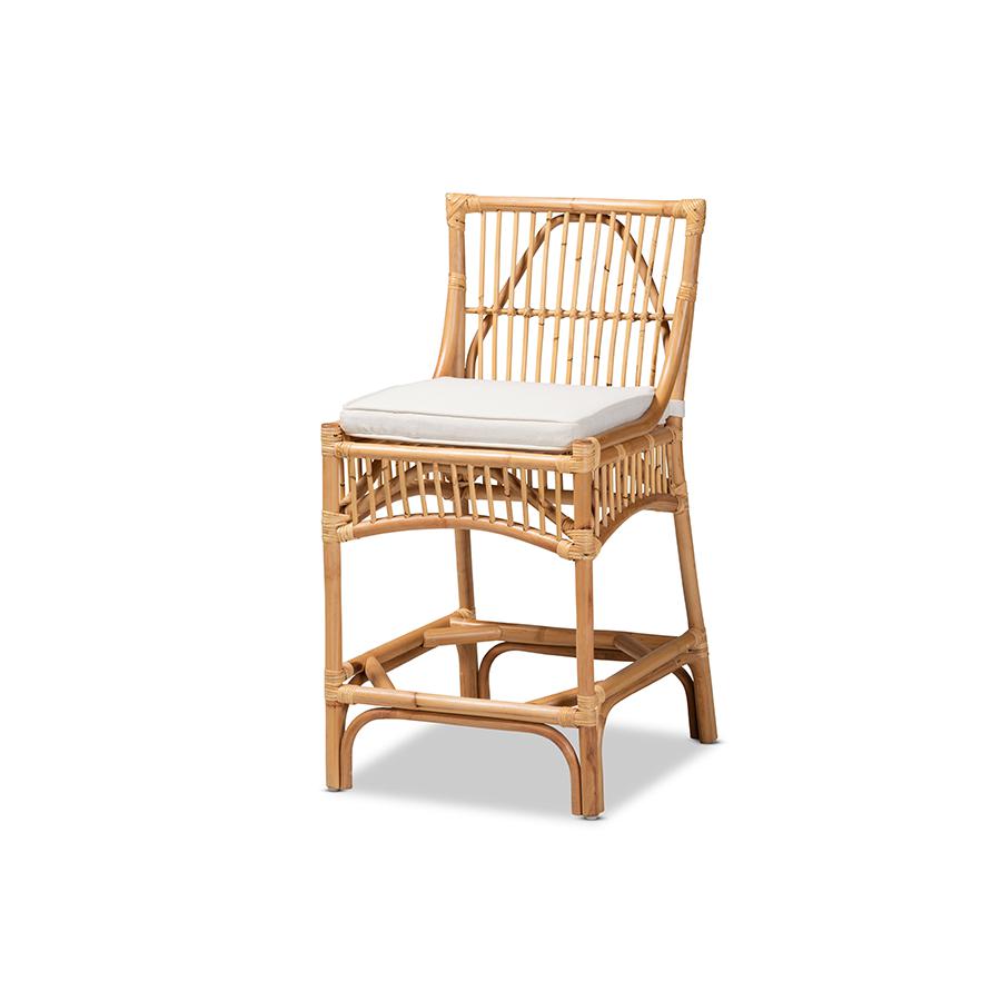 Baxton Studio Rose Modern Bohemian White Fabric Upholstered and Natural Brown Rattan Counter Stool. Picture 1