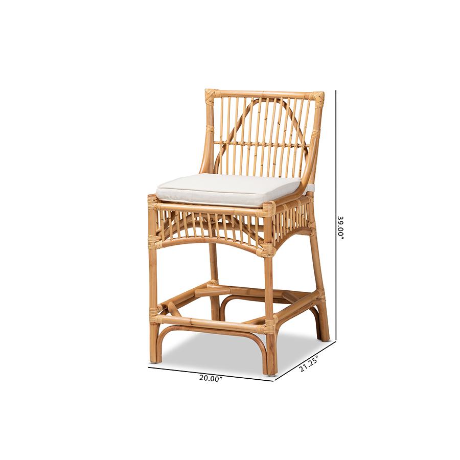 Baxton Studio Rose Modern Bohemian White Fabric Upholstered and Natural Brown Rattan Counter Stool. Picture 11