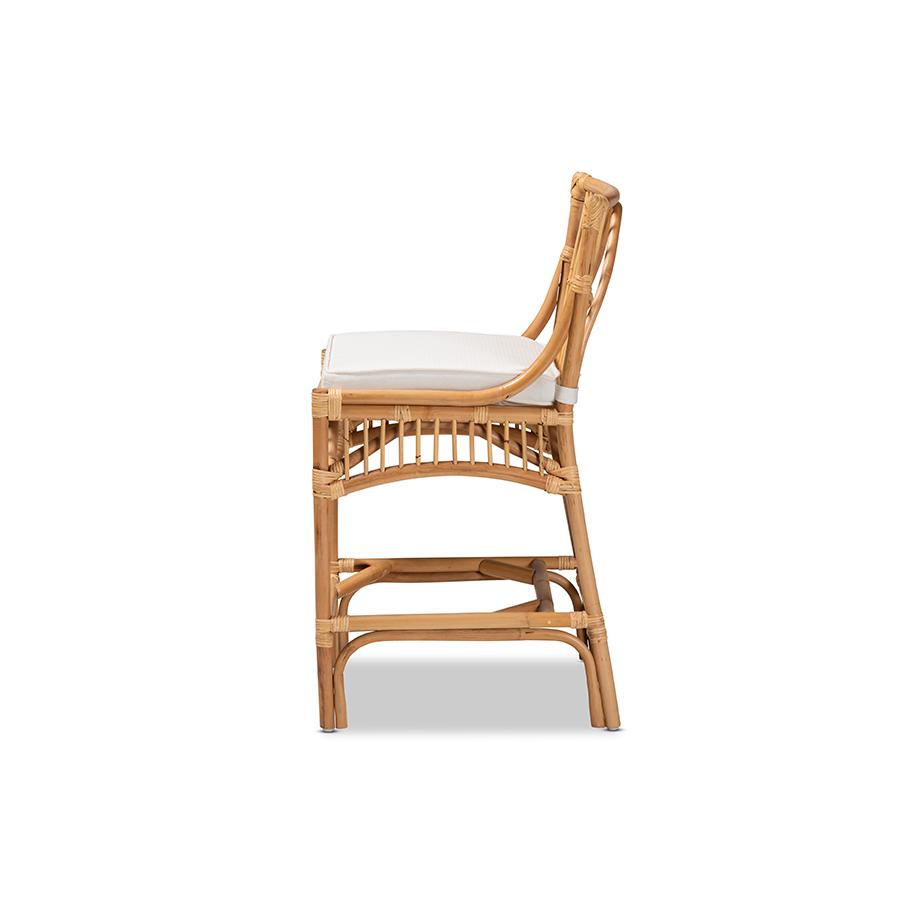 Baxton Studio Rose Modern Bohemian White Fabric Upholstered and Natural Brown Rattan Counter Stool. Picture 4