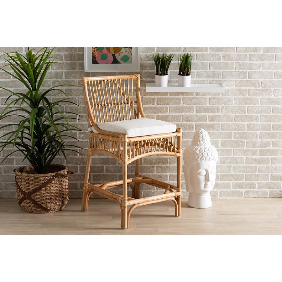 Baxton Studio Rose Modern Bohemian White Fabric Upholstered and Natural Brown Rattan Counter Stool. Picture 2