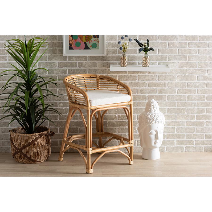 Bohemian White Fabric Upholstered and Natural Brown Rattan Counter Stool. Picture 8
