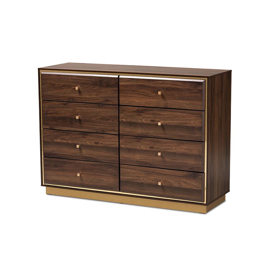 Walnut Brown Finished Wood and Gold Metal 8-Drawer Dresser. Picture 1