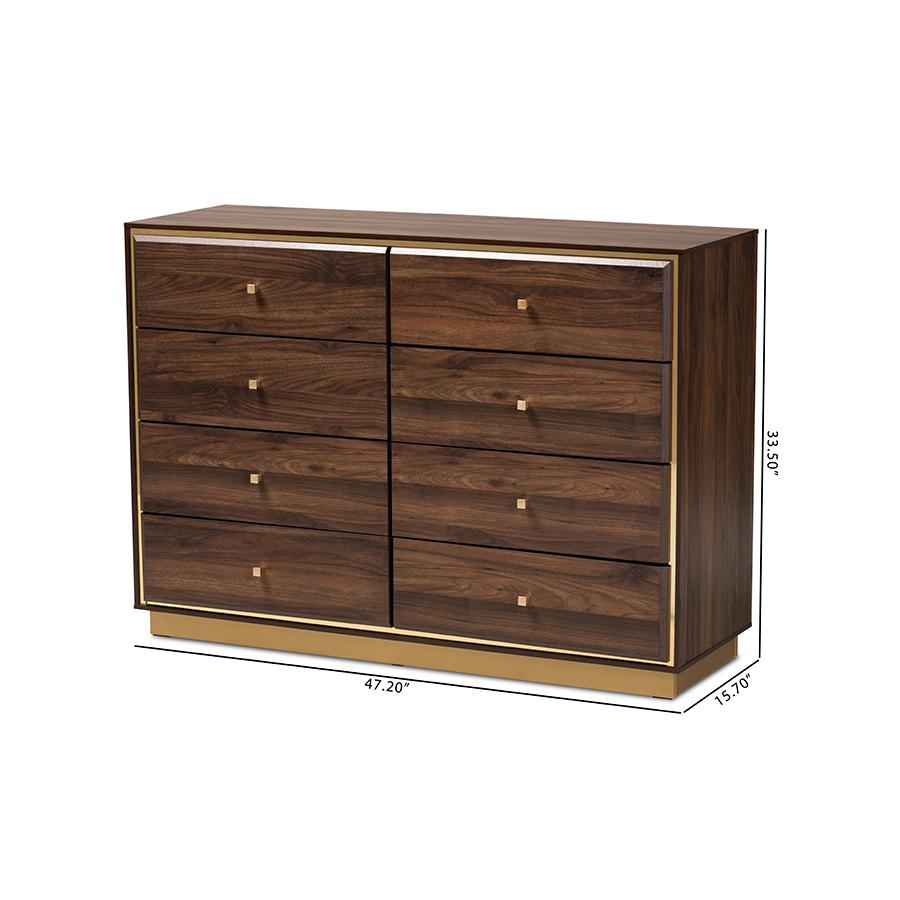 Walnut Brown Finished Wood and Gold Metal 8-Drawer Dresser. Picture 10