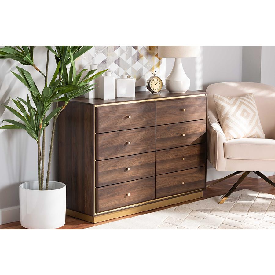Walnut Brown Finished Wood and Gold Metal 8-Drawer Dresser. Picture 8