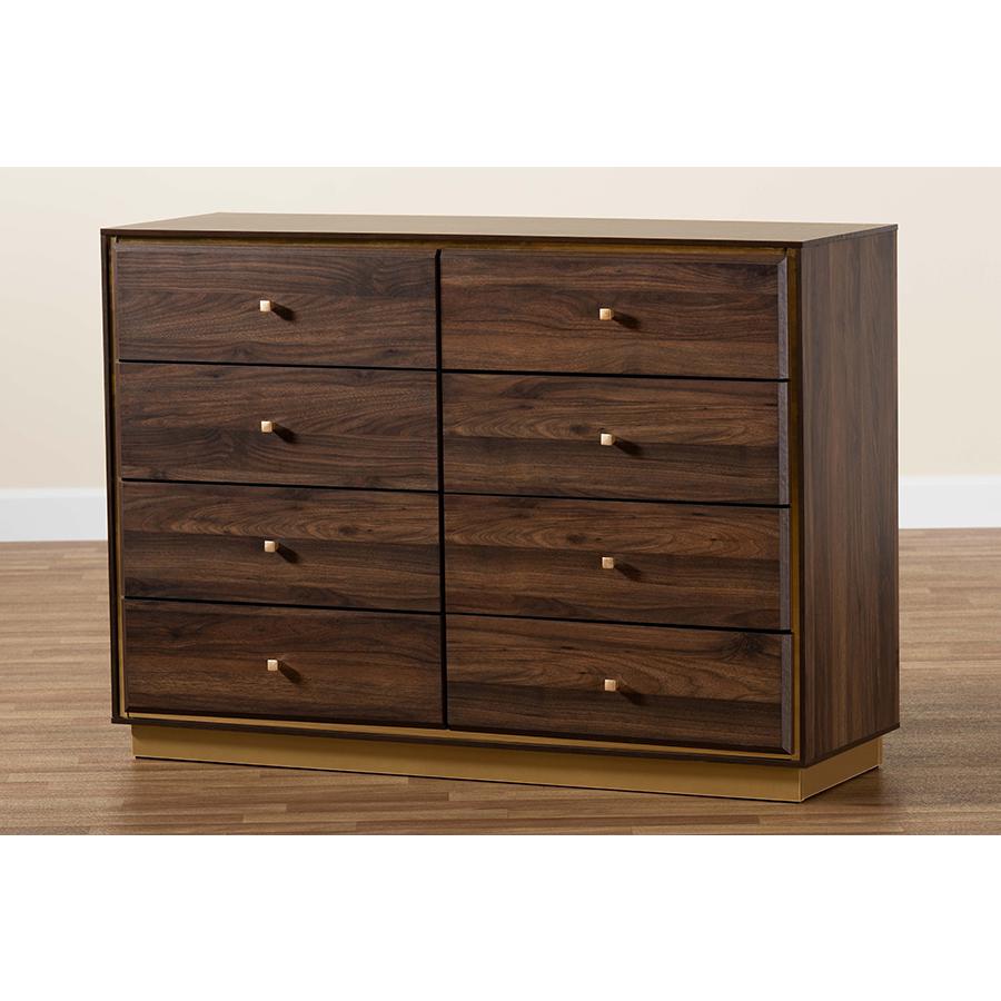 Walnut Brown Finished Wood and Gold Metal 8-Drawer Dresser. Picture 9