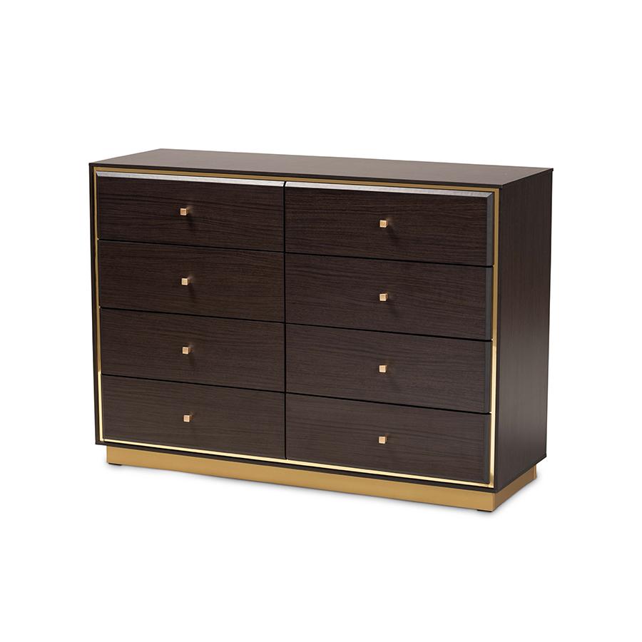 Espresso Brown Finished Wood and Gold Metal 8-Drawer Dresser. Picture 1