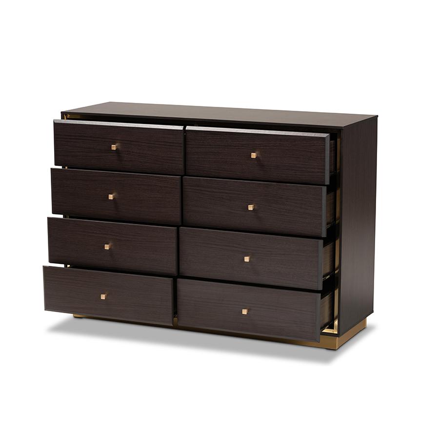 Espresso Brown Finished Wood and Gold Metal 8-Drawer Dresser. Picture 2