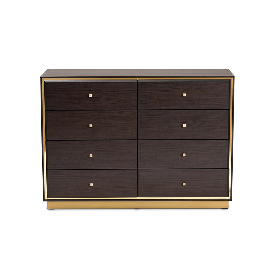Espresso Brown Finished Wood and Gold Metal 8-Drawer Dresser. Picture 3