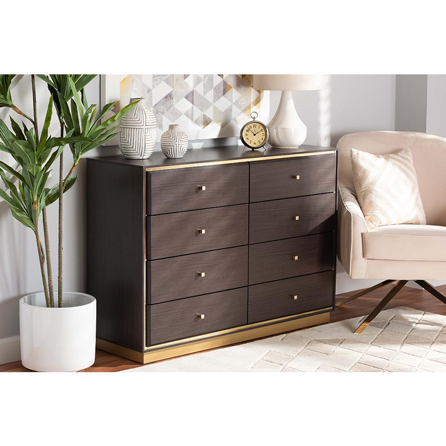 Espresso Brown Finished Wood and Gold Metal 8-Drawer Dresser. Picture 8