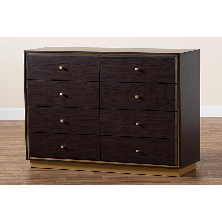 Espresso Brown Finished Wood and Gold Metal 8-Drawer Dresser. Picture 9