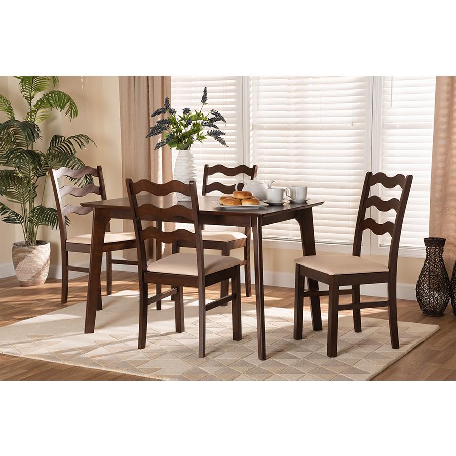 Cream Fabric and Dark Brown Finished Wood 5-Piece Dining Set. Picture 8