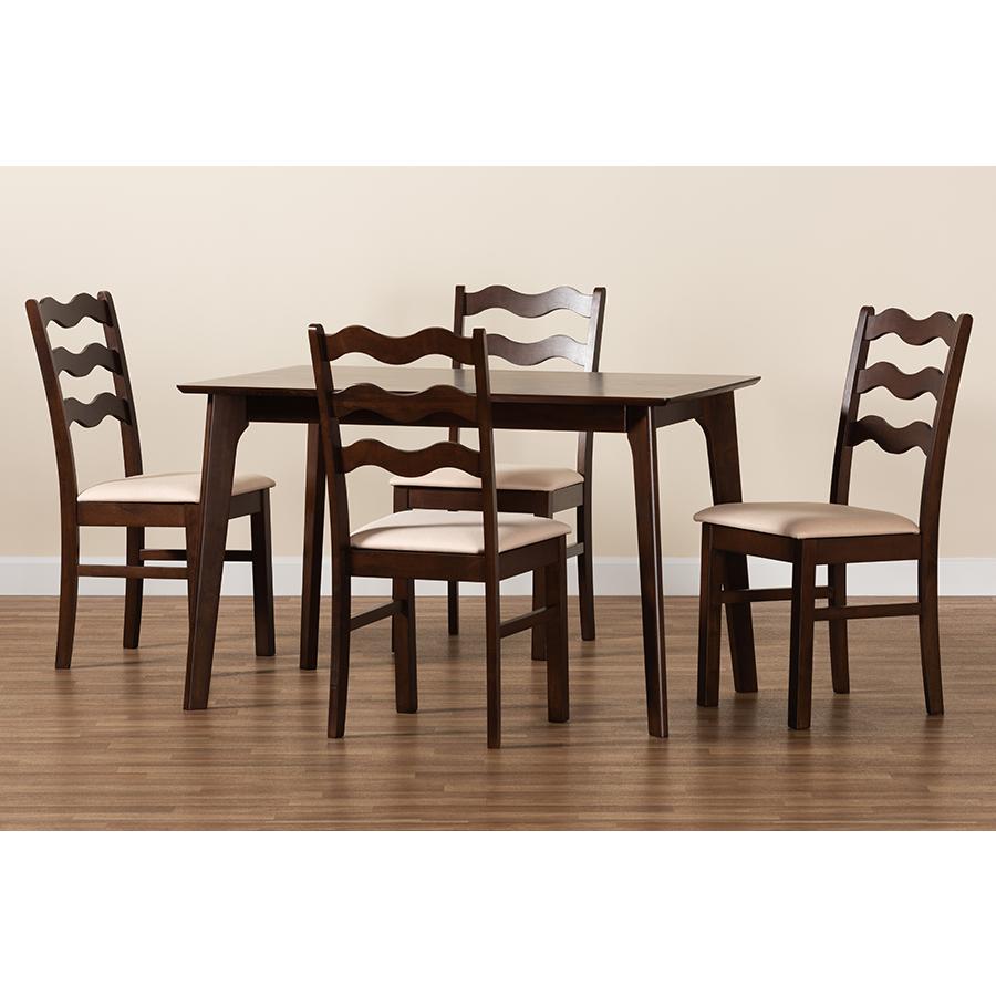Cream Fabric and Dark Brown Finished Wood 5-Piece Dining Set. Picture 9