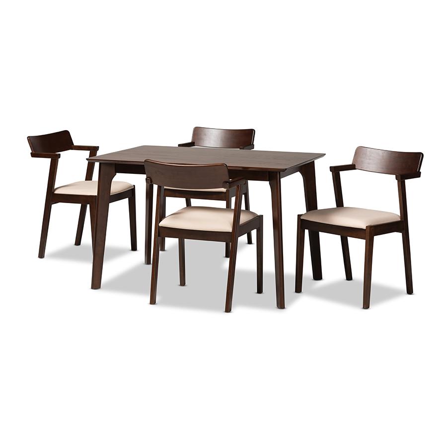 Transitional Cream Fabric and Dark Brown Finished Wood 5-Piece Dining Set. Picture 1