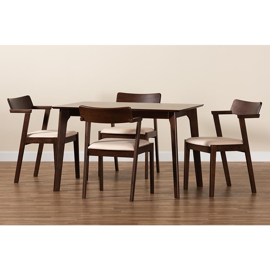 Transitional Cream Fabric and Dark Brown Finished Wood 5-Piece Dining Set. Picture 9